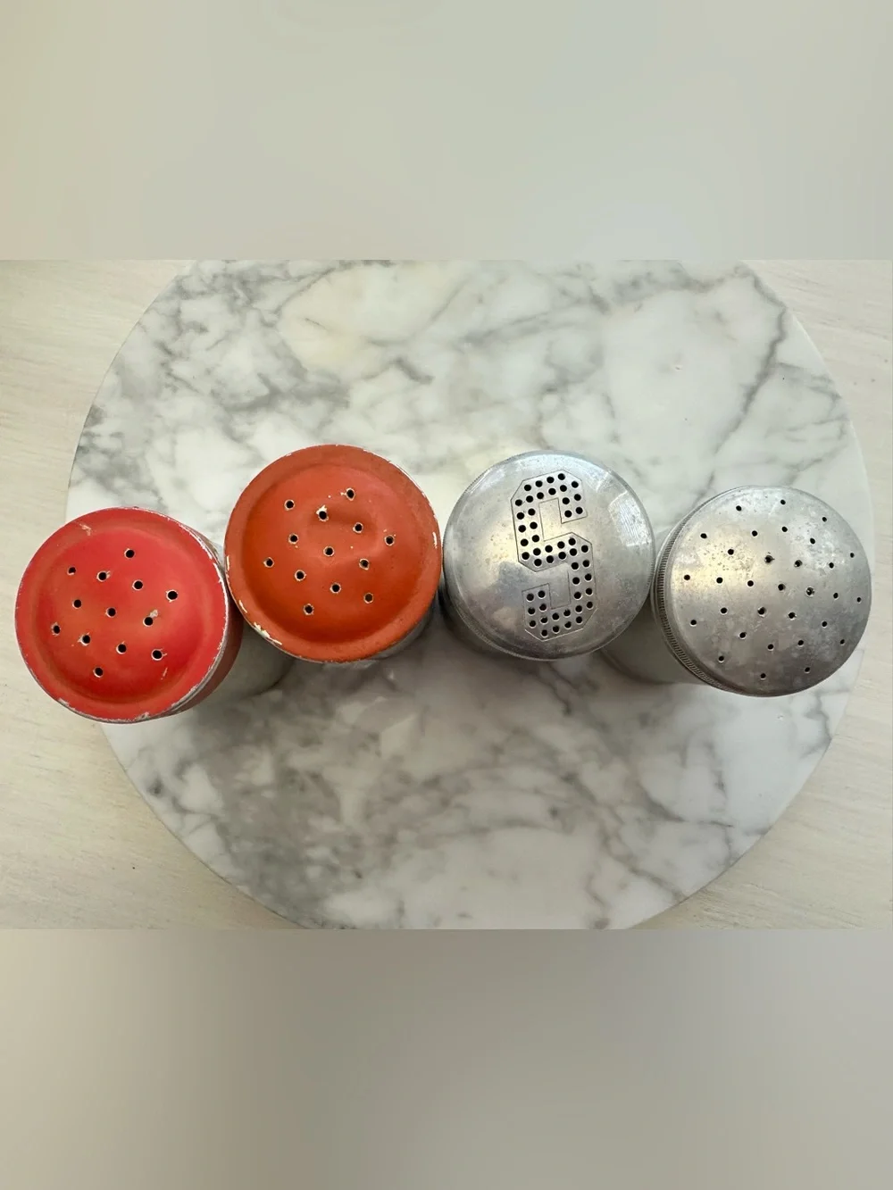 2 Sets- Vintage 1950s Rustic Aluminum Salt & Pepper and Salt & Sugar Shakers